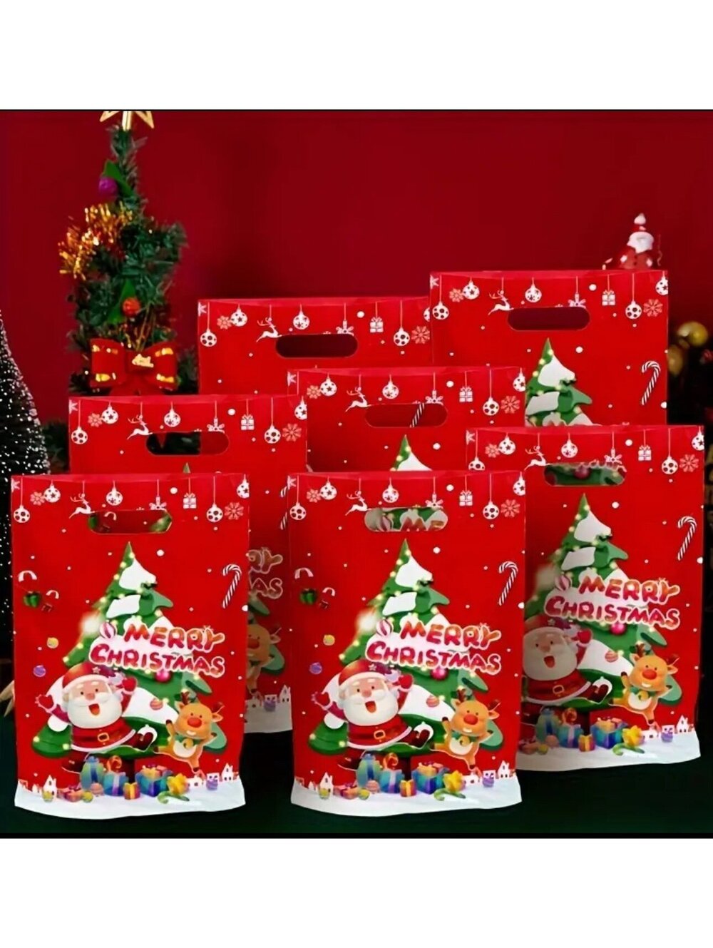 New - 20Pcs Fun ! Shiny Santa -Christmas Reusable Gift Bags Set